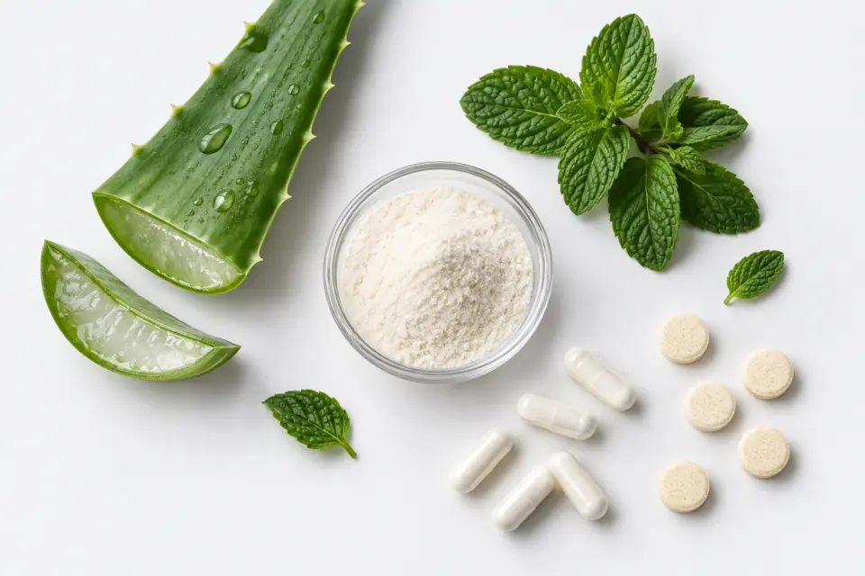 Ingrédients naturels de Colon Norm+ : feuille d'aloe vera, menthe poivrée, fibres d'acacia et probiotiques